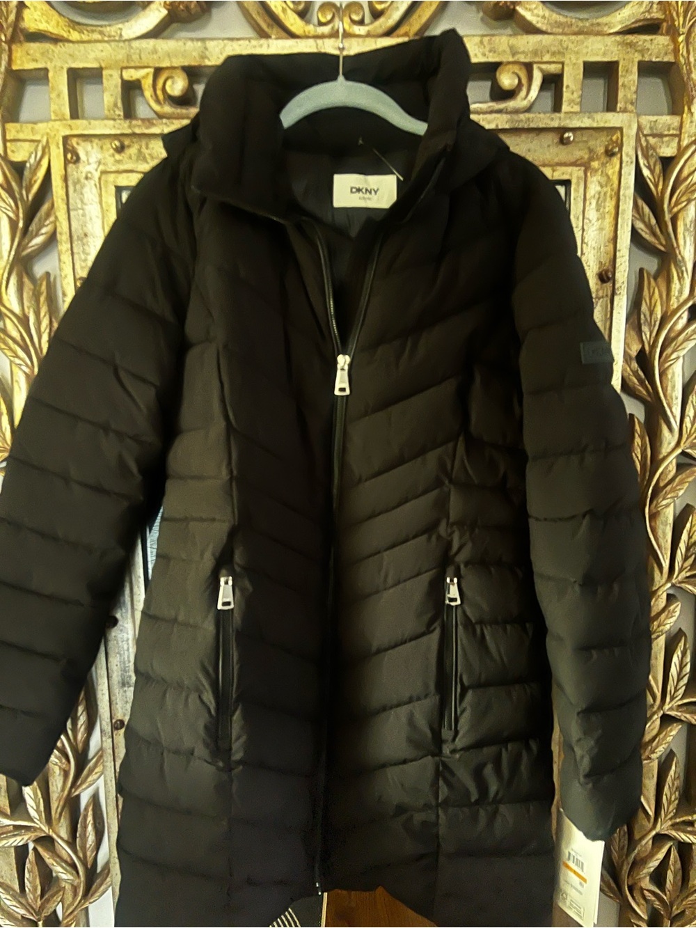 DKNY Black Quilted Puffer Coat with High Collar and Zip Pockets